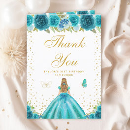 Teal Floral Blonde Hair Girl Birthday Party Thank You Card