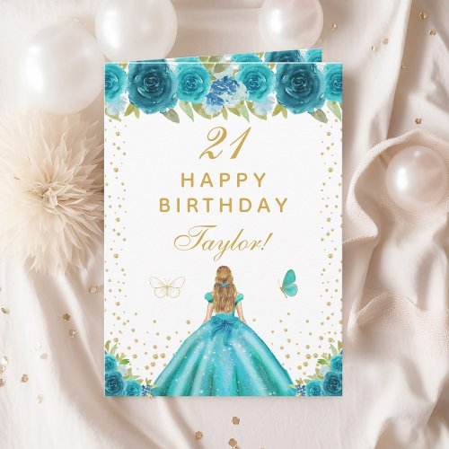 Teal Floral Blonde Hair Girl Happy Birthday Card