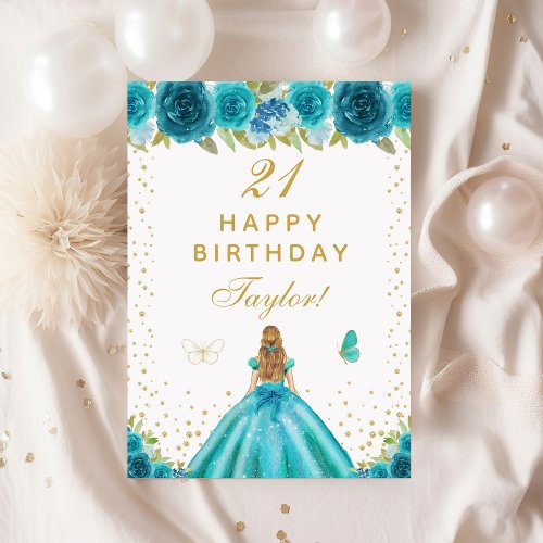 Teal Floral Blonde Hair Girl Happy Birthday Card