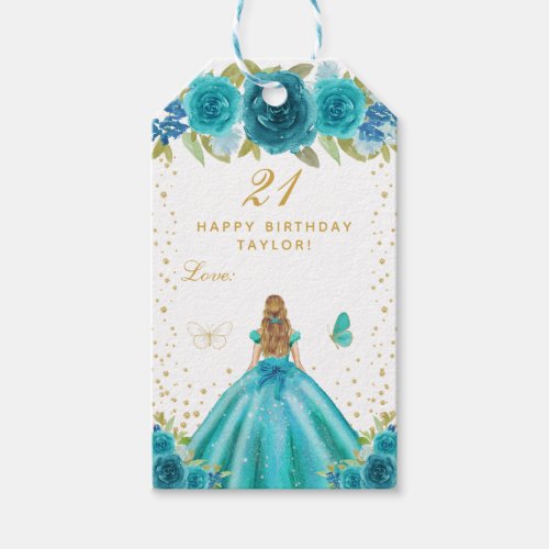 Teal Floral Blonde Hair Girl Happy Birthday Gift Tags