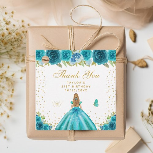 Teal Floral Blonde Hair Princess Birthday Party Favor Tags