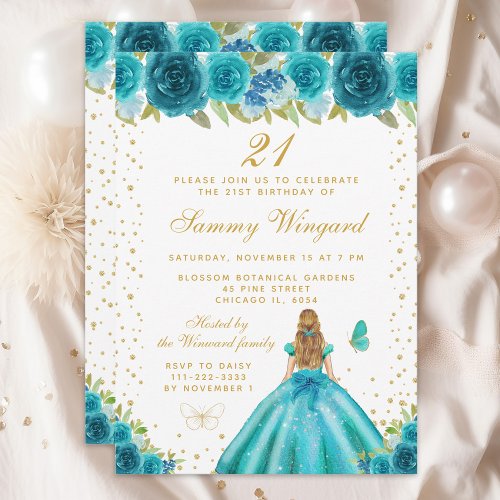 Teal Floral Blonde Hair Princess Birthday Party Invitation