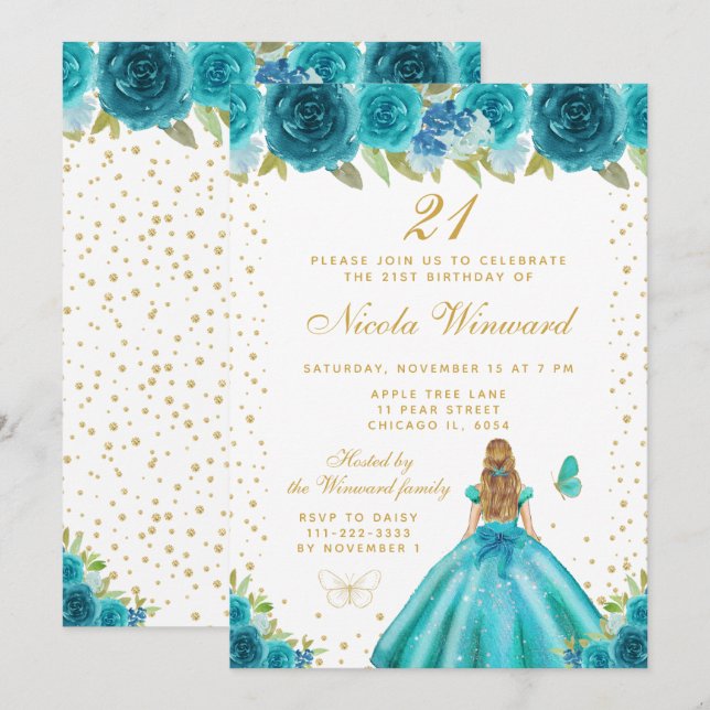 Teal Floral Blonde Hair Princess Birthday Party Invitation (Front/Back)