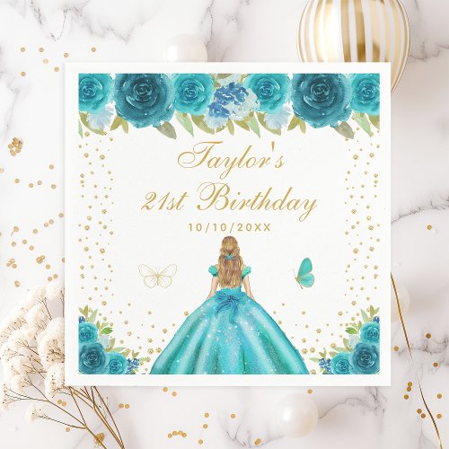 Teal Floral Blonde Hair Princess Birthday Party Napkins