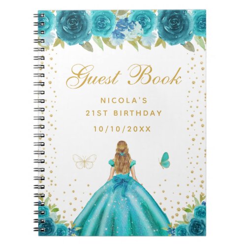 Teal Floral Blonde Hair Princess Birthday Party Notebook