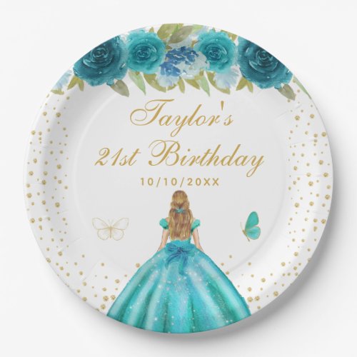 Teal Floral Blonde Hair Princess Birthday Party Paper Plates