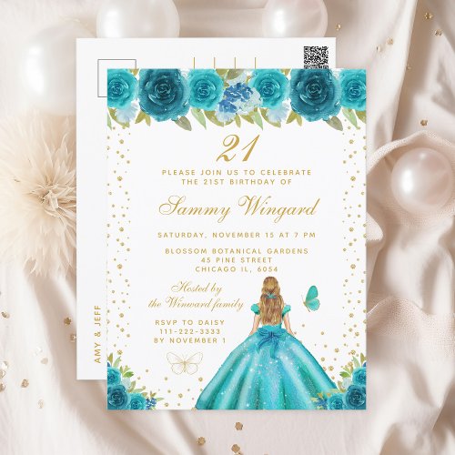 Teal Floral Blonde Hair Princess Birthday Party Postcard