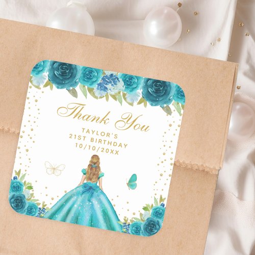 Teal Floral Blonde Hair Princess Birthday Party Square Sticker