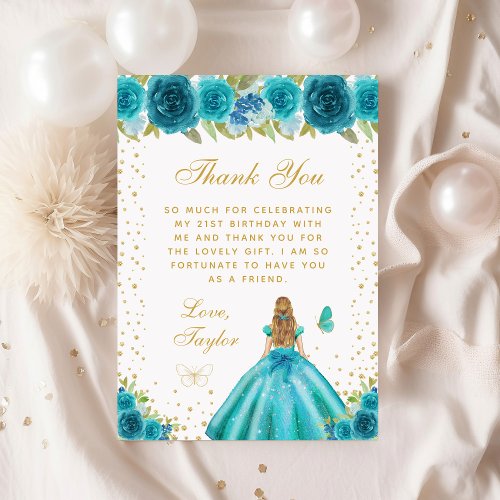 Teal Floral Blonde Hair Princess Birthday Party Thank You Card