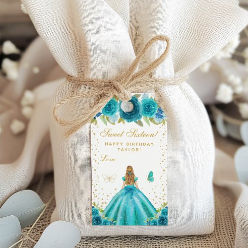 Teal Floral Blonde Hair Princess Sweet Sixteen Gift Tags