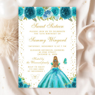 Teal Floral Blonde Hair Princess Sweet Sixteen Invitation
