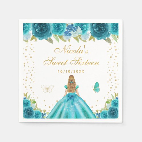 Teal Floral Blonde Hair Princess Sweet Sixteen Napkins