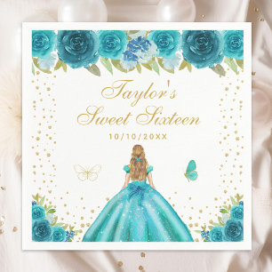Teal Floral Blonde Hair Princess Sweet Sixteen Napkins