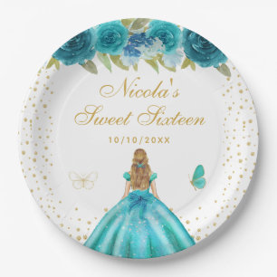 Teal Floral Blonde Hair Princess Sweet Sixteen Paper Plates