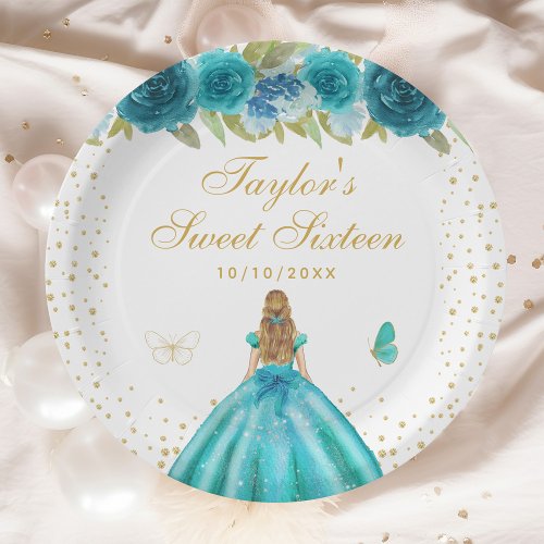 Teal Floral Blonde Hair Princess Sweet Sixteen Paper Plates