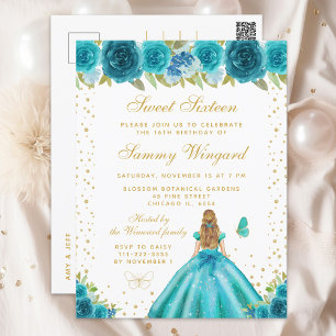 Teal Floral Blonde Hair Princess Sweet Sixteen Postcard
