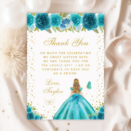 Teal Floral Blonde Hair Princess Sweet Sixteen Thank You Card