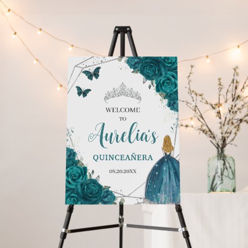 Teal Floral Blonde Princess Quincea&#241;era XV Welcome Foam Board