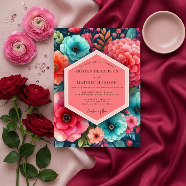 Teal Floral Bloom Romance Wedding Invitation (Creator Uploaded)