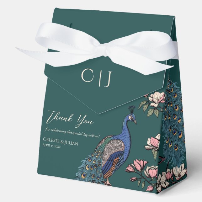 Teal Floral Blue Peacocks & Magnolia Flowers Favor Boxes (Front)