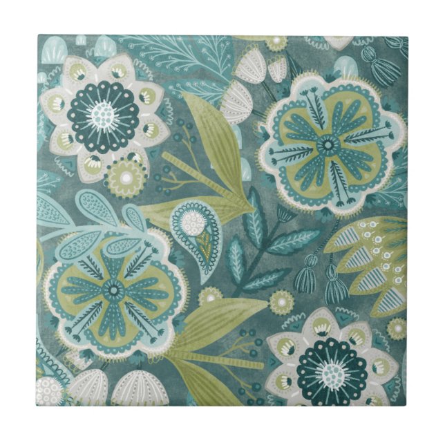 Teal Floral Boho Botanical Pattern Ceramic Tile (Front)