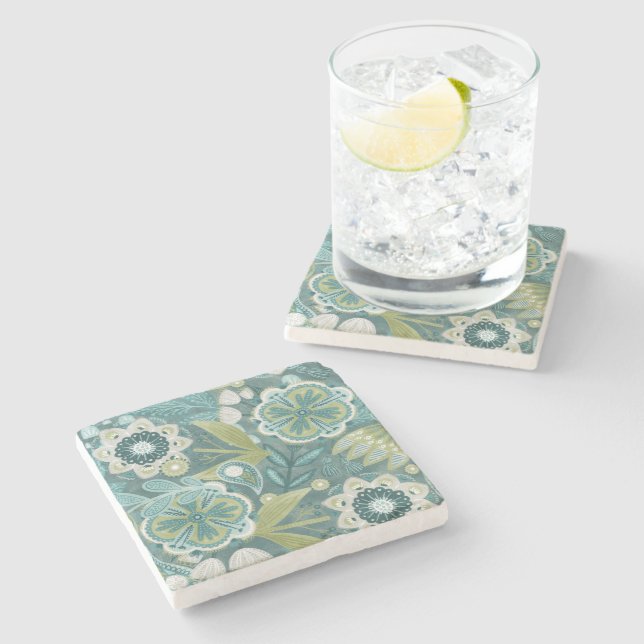 Teal Floral Boho Botanical Pattern Stone Coaster (Side)