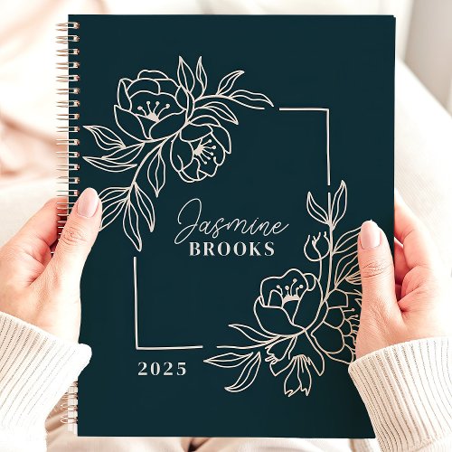 Teal Floral Border 2025 Custom Name Planner