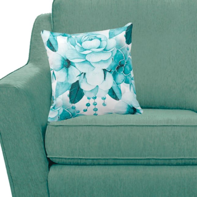 Teal Floral Bouquet Throw Pillow (Creator Uploaded)