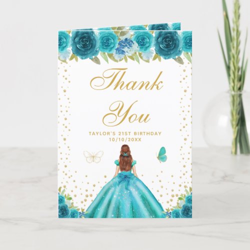Teal Floral Brown Hair Girl Birthday Party Thank You Card