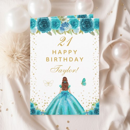 Teal Floral Brown Hair Girl Happy Birthday Card