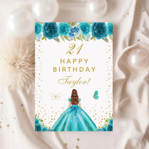 Teal Floral Brown Hair Girl Happy Birthday Card