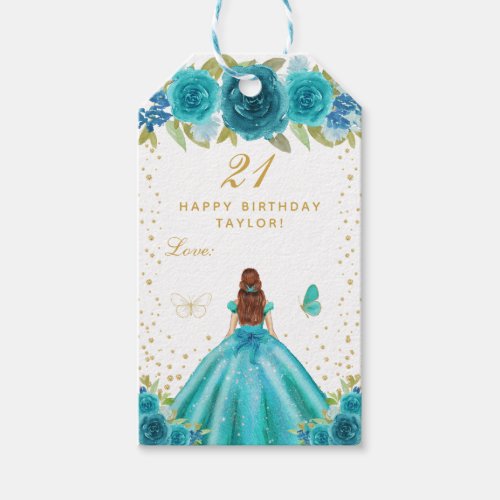 Teal Floral Brown Hair Girl Happy Birthday Gift Tags