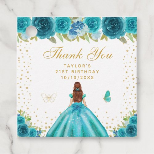 Teal Floral Brown Hair Princess Birthday Party Favor Tags