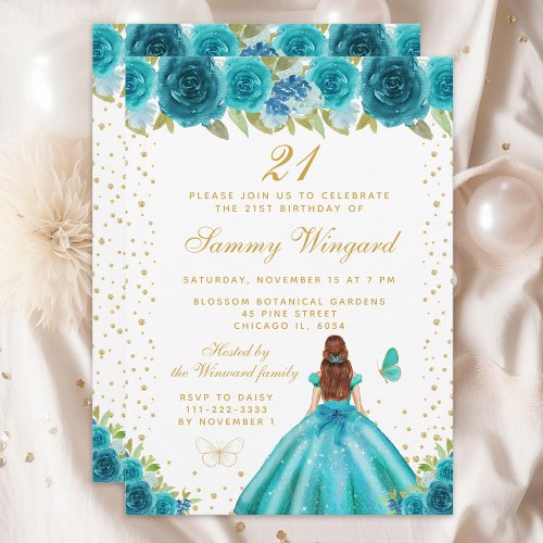 Teal Floral Brown Hair Princess Birthday Party Invitation