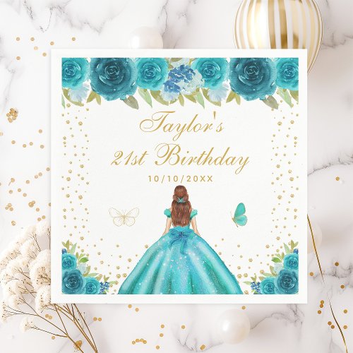 Teal Floral Brown Hair Princess Birthday Party Napkins