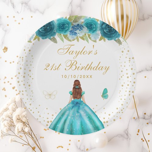 Teal Floral Brown Hair Princess Birthday Party Paper Plates