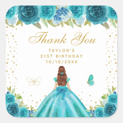 Teal Floral Brown Hair Princess Birthday Party Square Sticker