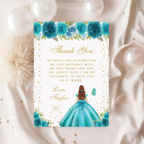 Teal Floral Brown Hair Princess Birthday Party Thank You Card