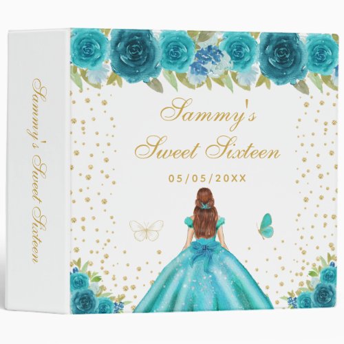 Teal Floral Brown Hair Princess Sweet Sixteen 3 Ring Binder