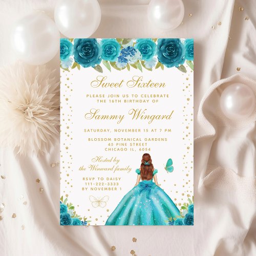 Teal Floral Brown Hair Princess Sweet Sixteen Invitation