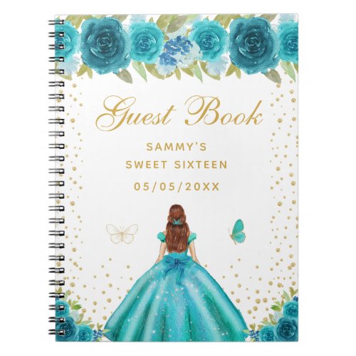Teal Floral Brown Hair Princess Sweet Sixteen Notebook