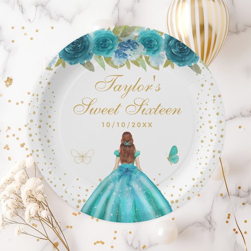 Teal Floral Brown Hair Princess Sweet Sixteen Paper Plates