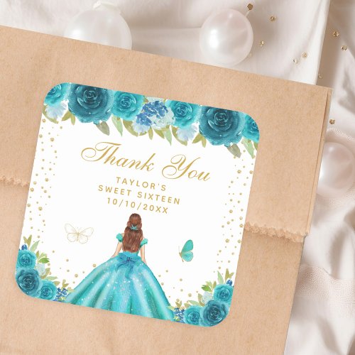 Teal Floral Brown Hair Princess Sweet Sixteen Square Sticker