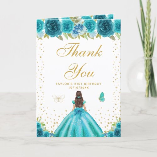 Teal Floral Brunette Hair Girl Birthday Party Thank You Card