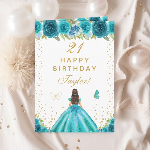 Teal Floral Brunette Hair Girl Happy Birthday Card