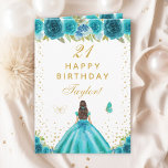 Teal Floral Brunette Hair Girl Happy Birthday Card<br><div class="desc">This elegant and glamorous birthday card can be personalized with a name or title such as daughter, granddaughter, niece, friend etc. The design features a beautiful princess with brunette hair and fair skin in a teal blue ball gown. The text combines handwritten script and modern sans serif fonts for a...</div>