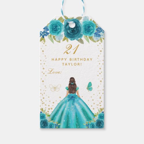 Teal Floral Brunette Hair Girl Happy Birthday Gift Tags