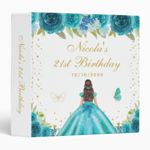 Teal Floral Brunette Hair Princess Birthday Party 3 Ring Binder
