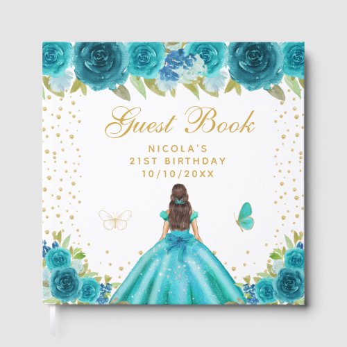 Teal Floral Brunette Hair Princess Birthday Party Guest Book