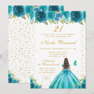 Teal Floral Brunette Hair Princess Birthday Party Invitation